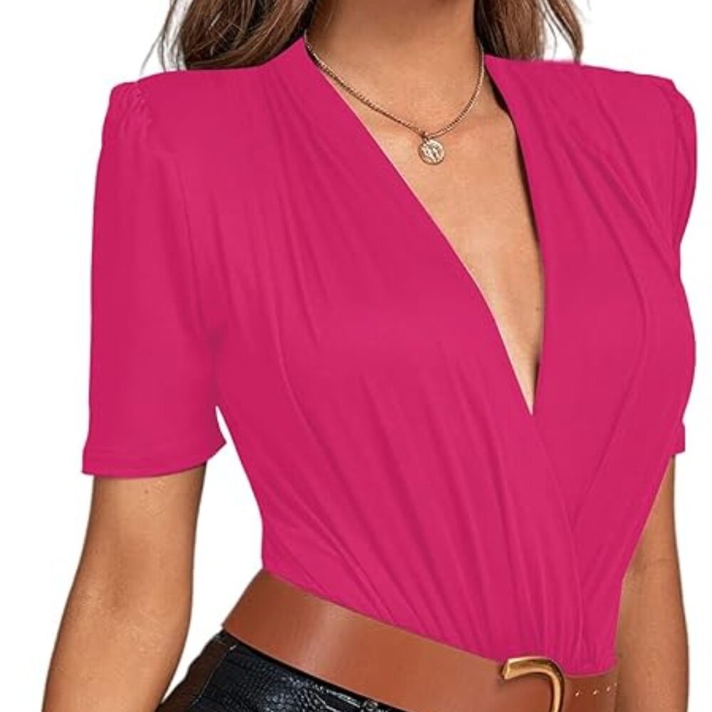 LYANER Shoulder Pad V-Neck Wrap Bodysuit – New Without Tags